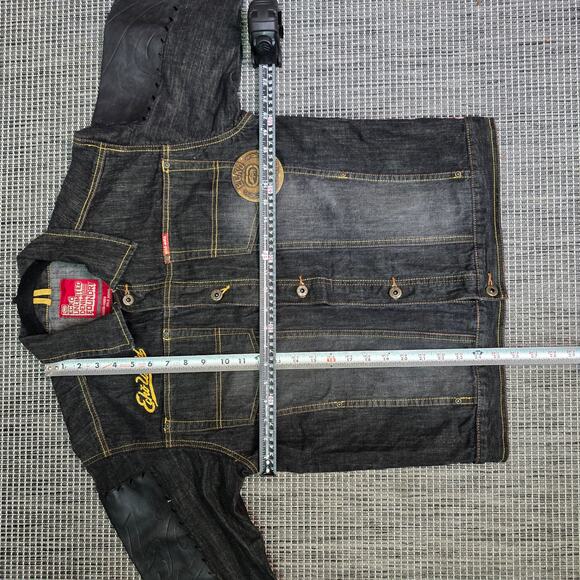 ECKO 1972 Unlimited Denim Jean Jacket Mens Large Black Leather Logo Embroidered - Picture 13 of 15